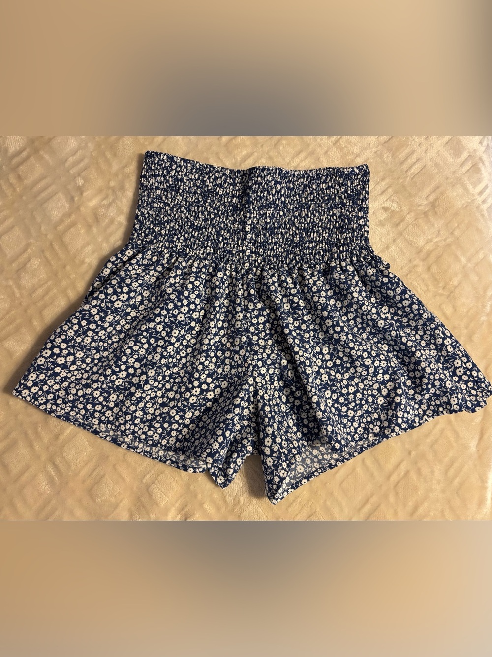 SHEIN Navy Floral Smocked High-Waisted Flare Shorts